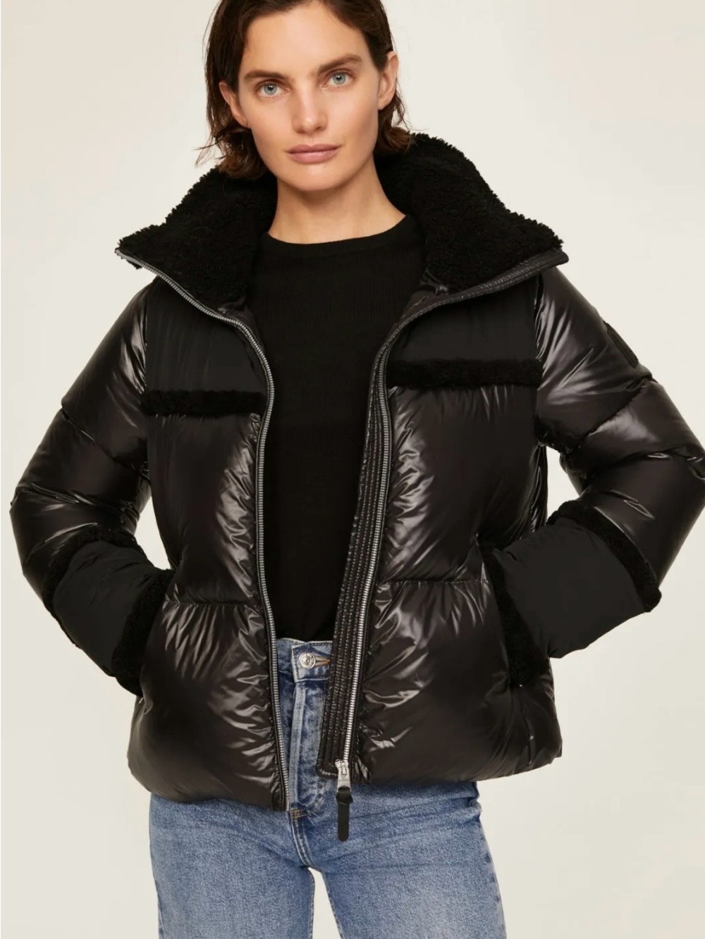 Mackage Black Glossy Puffer Jacket with Faux Shearling Trim